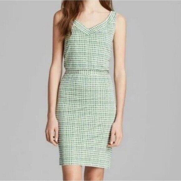 Tory Burch Green and Cream Geometric Print Silk Sheath Dress size L - Picture 2 of 12